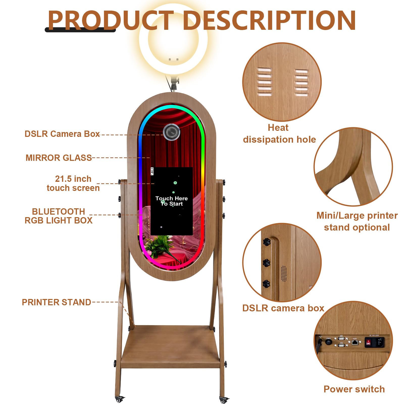 Cabina de fotos portátil con espejo mágico con pantalla táctil de 21.5 pulgadas, embalaje de funda de vuelo, cabina de fotos con espejo para selfie, cabina de fotos para bodas, fiestas