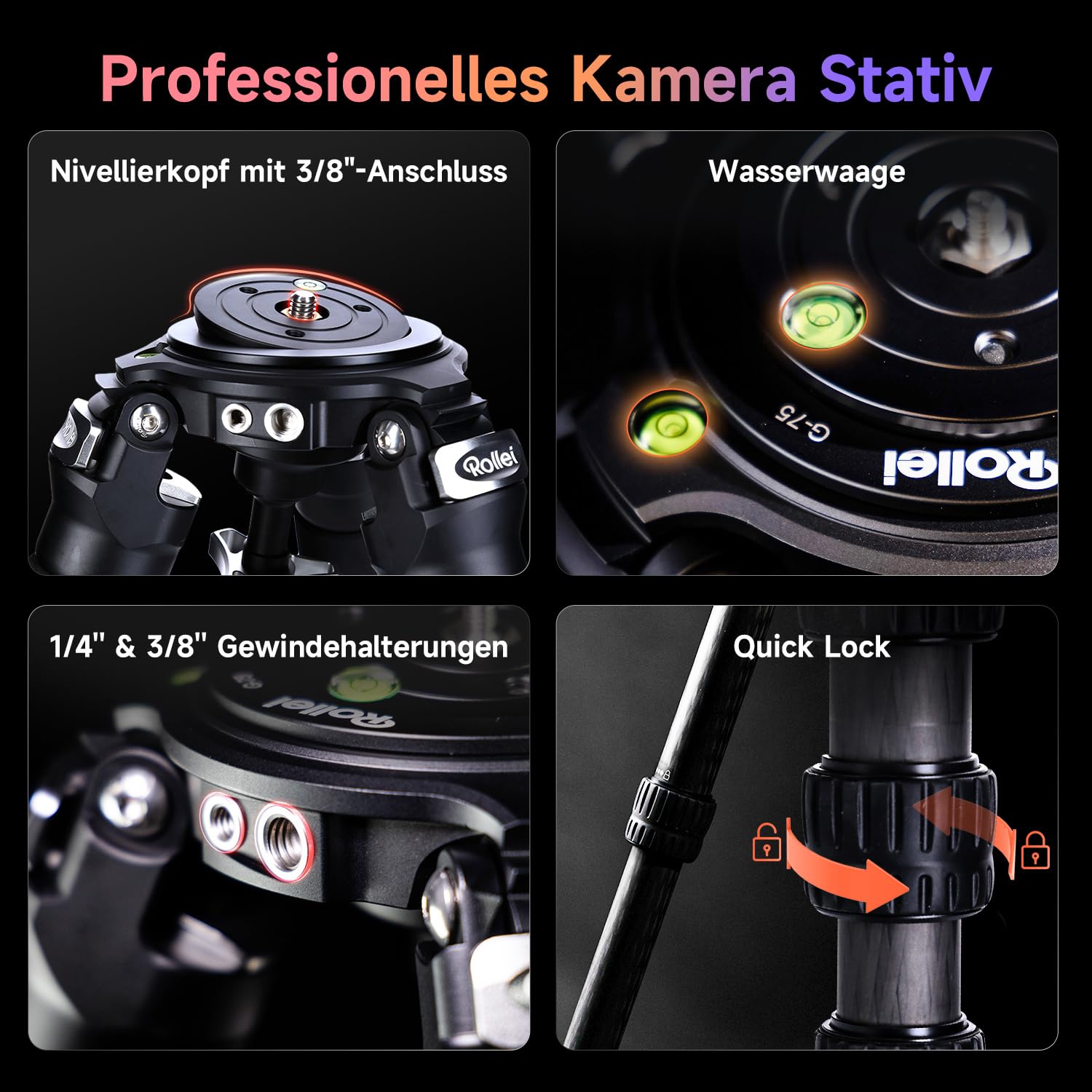 Rollei Rock Solid Alpha XL Mark III, 193cm Carbon Stativ Kamera Professionelles Dreibeinstativ für Schwere Kamera 40kg Tragkraft Kohlefaser Fotostativ mit Nivellierkopf Schwarz Camera Tripod