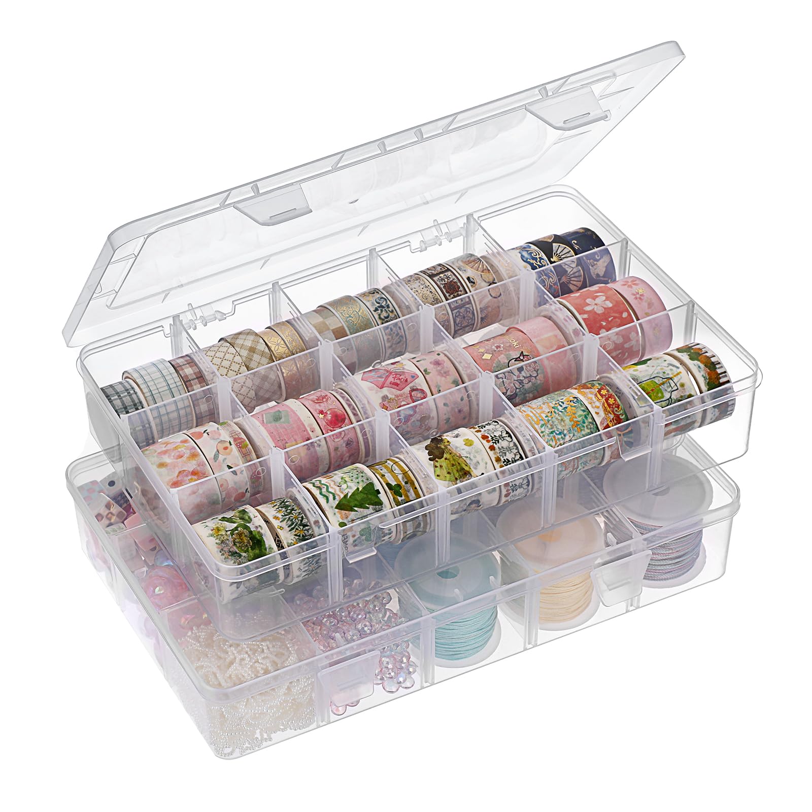 BTSKY 2 PCS Plastic Washi Tape Organizer, Adjustable 15-Grid Compartment Washi Tape Storage Case, Clear Sticker Storage Box for Scrapbook Organizers and Storage, Universal Jewelry Box Bead Organizer