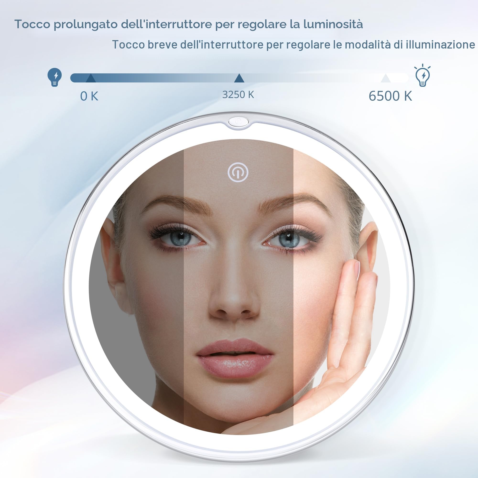 MIYADIVA Specchio Ingranditore con Luce 30X, Specchio Bagno con Ventosa, 3 Modalità di Colore e Luminosità Regolabile, specchio per bagno 20 cm