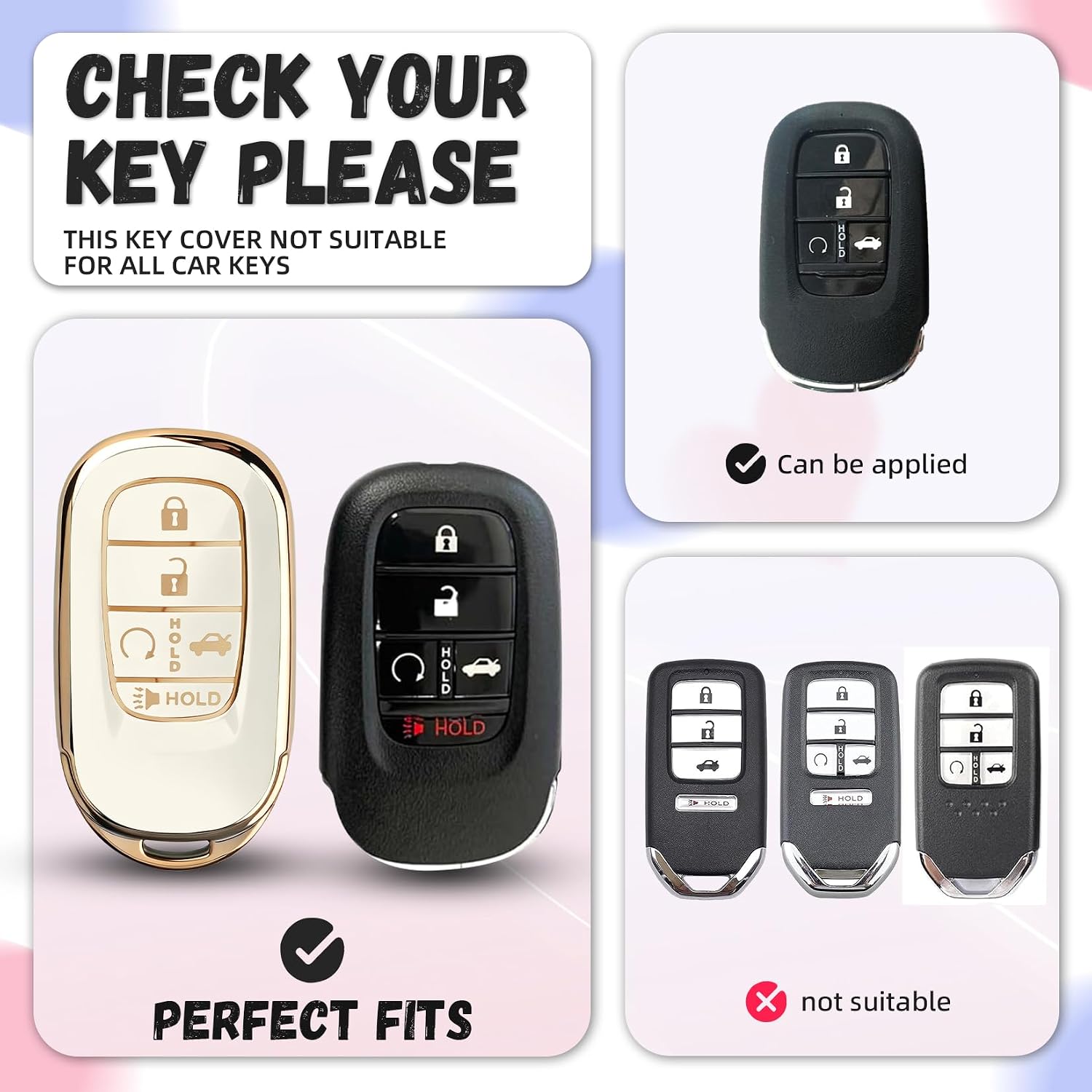 for Honda Key Fob Cover，Key Cover Fit for 2022-2026 Accord Civic CR-V HR-V Pilot Passport Ridgeline, 5 Button TPU Protector Key Fob Case with Keychain Accessories (Gold-White)
