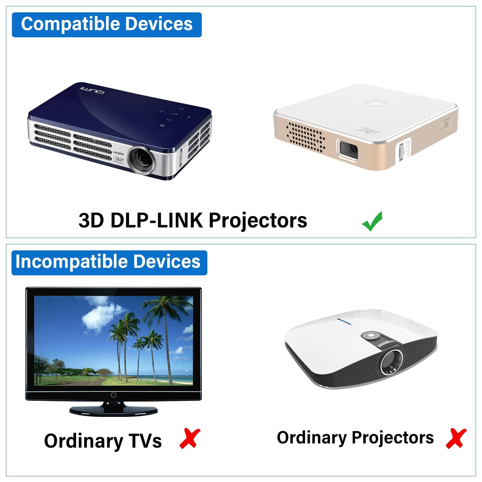 Cocar Occhiali 3D Active Shutter 3D DLP Link ricaricabili per Acer ViewSonic BenQ Optoma, Philips, Panasonic, Vivitek, Dell, JMGO, Cocar Cocar 3D, confezione da 2, colore: blu