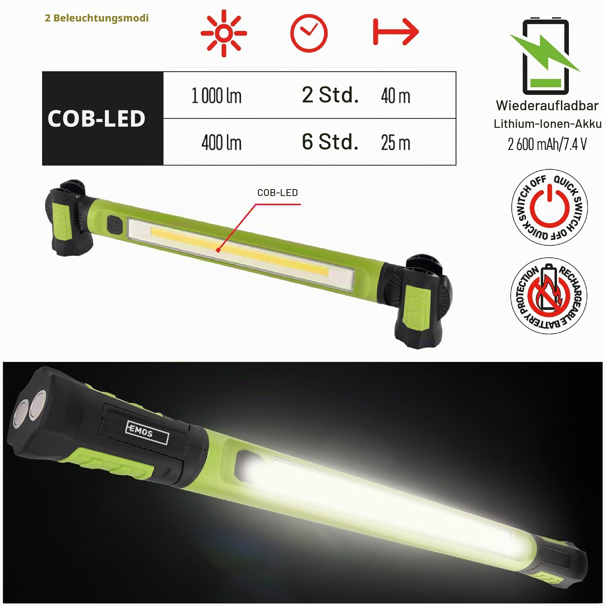 EMOS - aufladbare COB LED-Arbeitsleuchte - Magnetfuß, Haken, verstellbar - stoßbeständig, wasserdicht - max. 1000lm, 40m, 6h - 2 Leuchtmodi - mit USB-Kabel - IP43 für Außenbereich - schwarz-grün