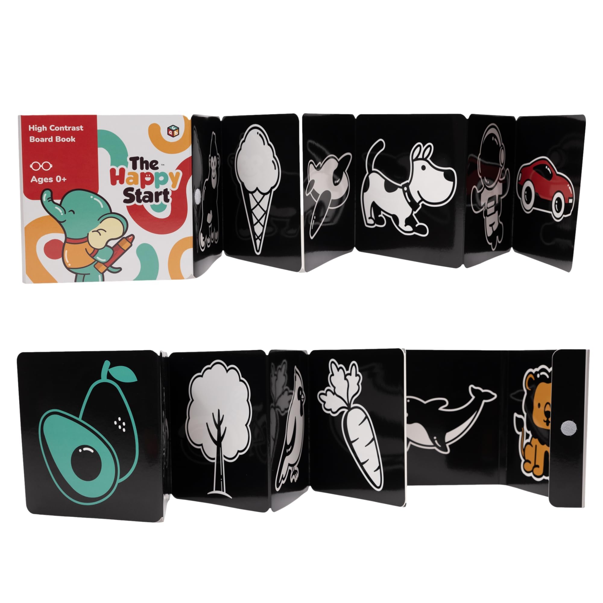 Happy Start Award-Winning High Contrast Board Book - Newborn Black & White Baby Cards, Easy to Clean, Hospital Approved, Stands on Its Own, Tummy Time Toy, Ages 0+ (English)