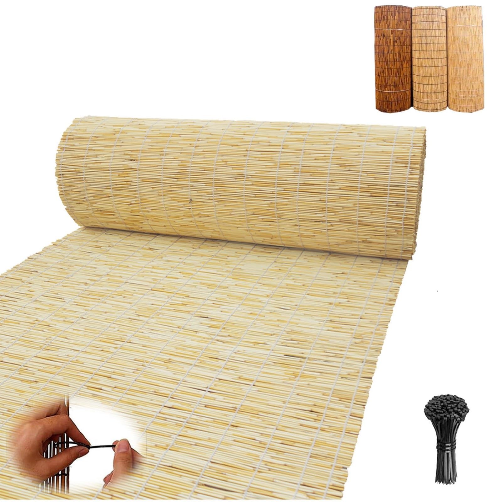 Cerca de bambú Natural en Rollo, de 1,8 m de Alto, Ideal para Exteriores, para privacidad, Patios, Jardines y terrazas (Alambre Amarillo y Blanco, 1,6 m x 2,7 m)