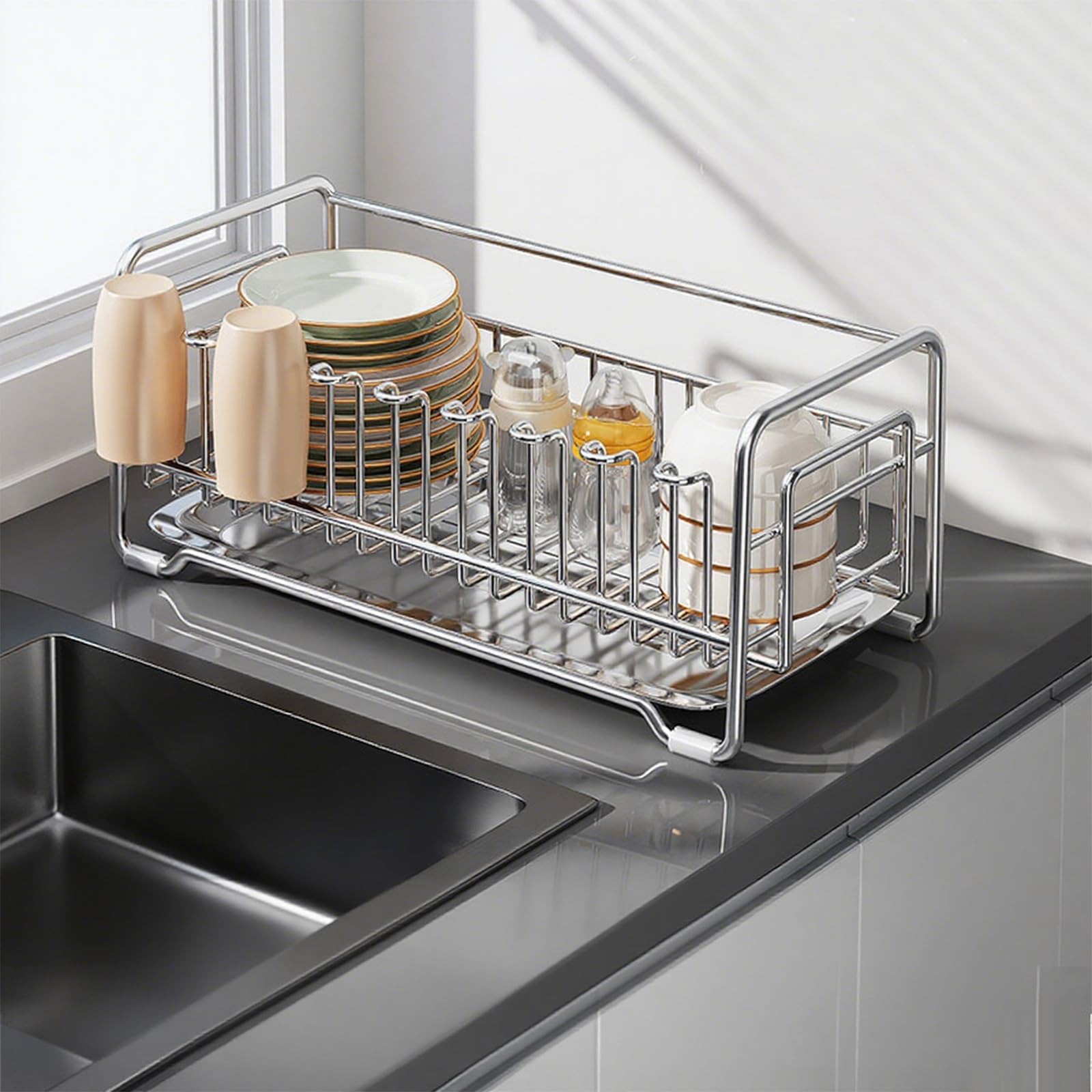 Scolapiatti estraibile in acciaio inox 304 con piastra di scarico, 46 x 19 cm, da cucina, per piatti, piatti e usi