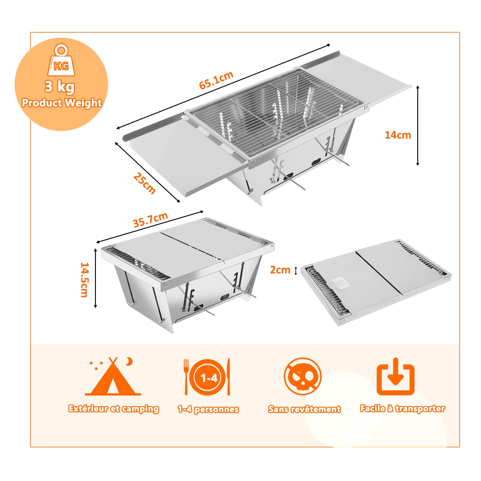 Dripex Mini Portable Barbecue, Pliable BBQ de INOX Camping Barbecue de pique-nique, pour pique-nique, jardin, terrasse, camping, voyage Pour 1 à 4 personnes (65 x 25 x 14cm)