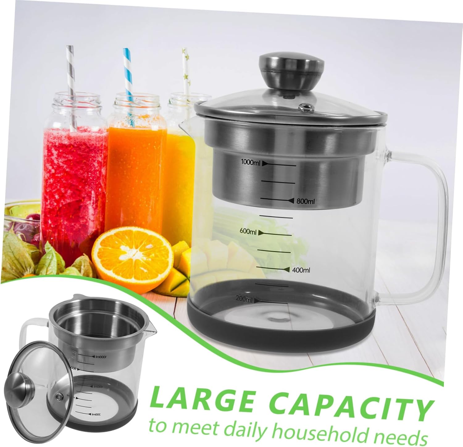 Fine Mesh Strainer Tea Pot with Scale Soybean Milk Container Juice Filter for Kitchen Multi Functional Stainless Steel Design with Cover Convenient Handle