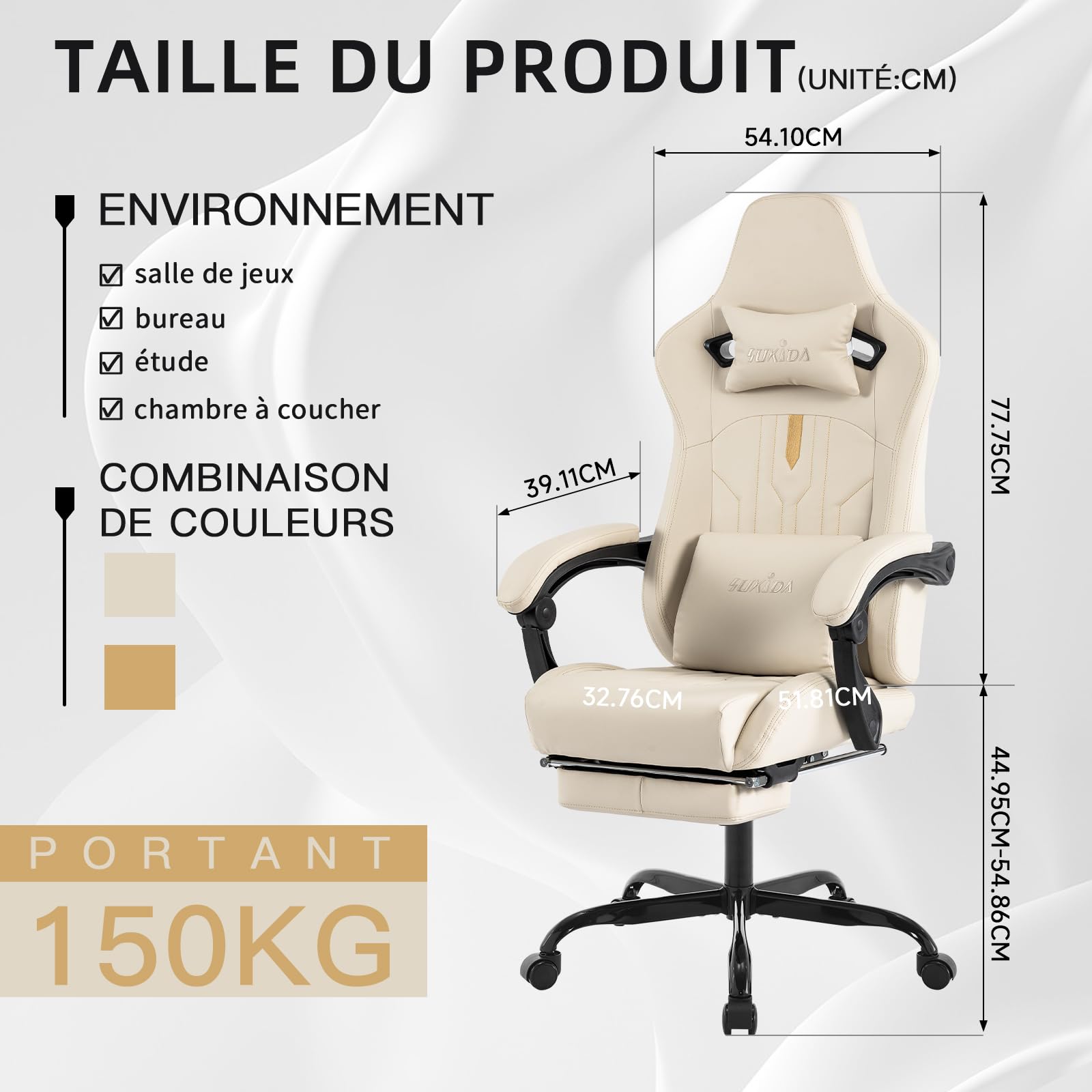 SUKIDA Chaise de gaming ergonomique avec repose-pieds - Chaise de bureau ergonomique avec support lombaire - Beige