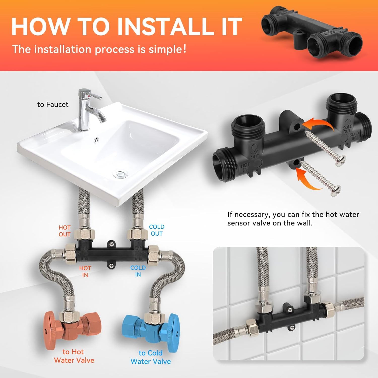 WP596816 Replacement Sensor Valve Kit, 4.5 Inch Sensor Valve, 2 x 12 Inch Supply Lines, 367010 595926 Instant Hot Water Recirculating Pump System