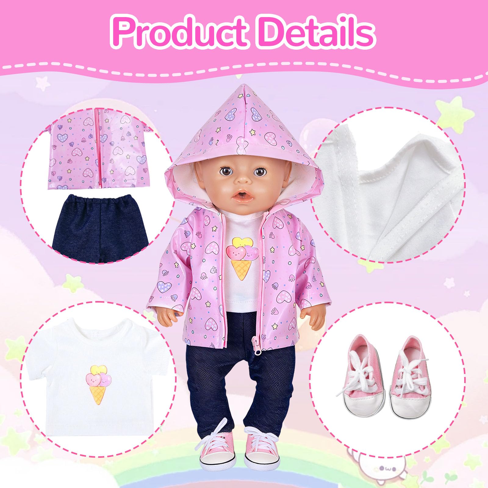 Puppenkleidung für 35-43 cm Newborn Baby Puppen, 4 Stück Magisches Regenmantel Puppenkleidung mit Regenjacke mit Kapuze, T-Shirt, Hose, Schuhe & Kleiderbügel, Baby Puppen Zubehör - 3