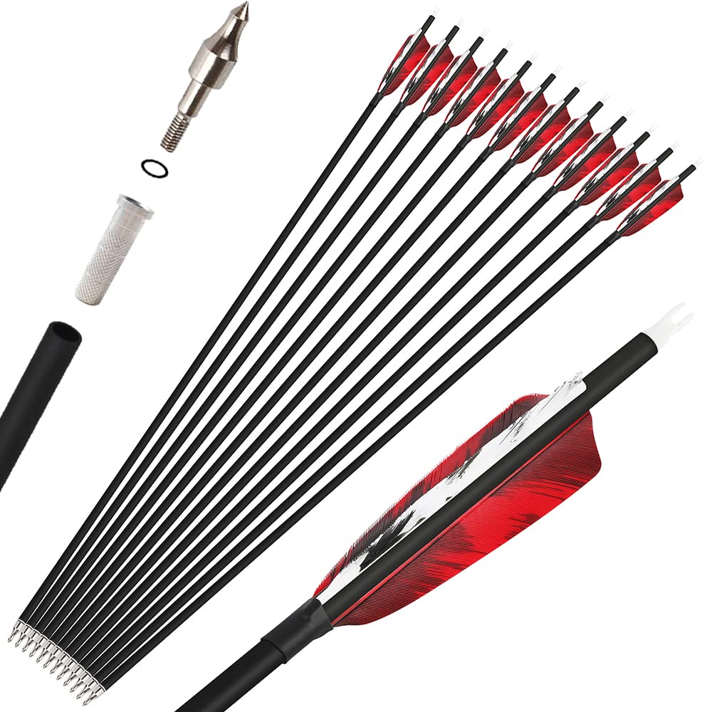 wolfman 12X Archery Carbon Arrows Spine 500 Archery Target Arrows Compound Arrow Recurve Arrow Hunting Arrow with 4" Nature Feather Arrows for Recurve Bow Compound Bow
