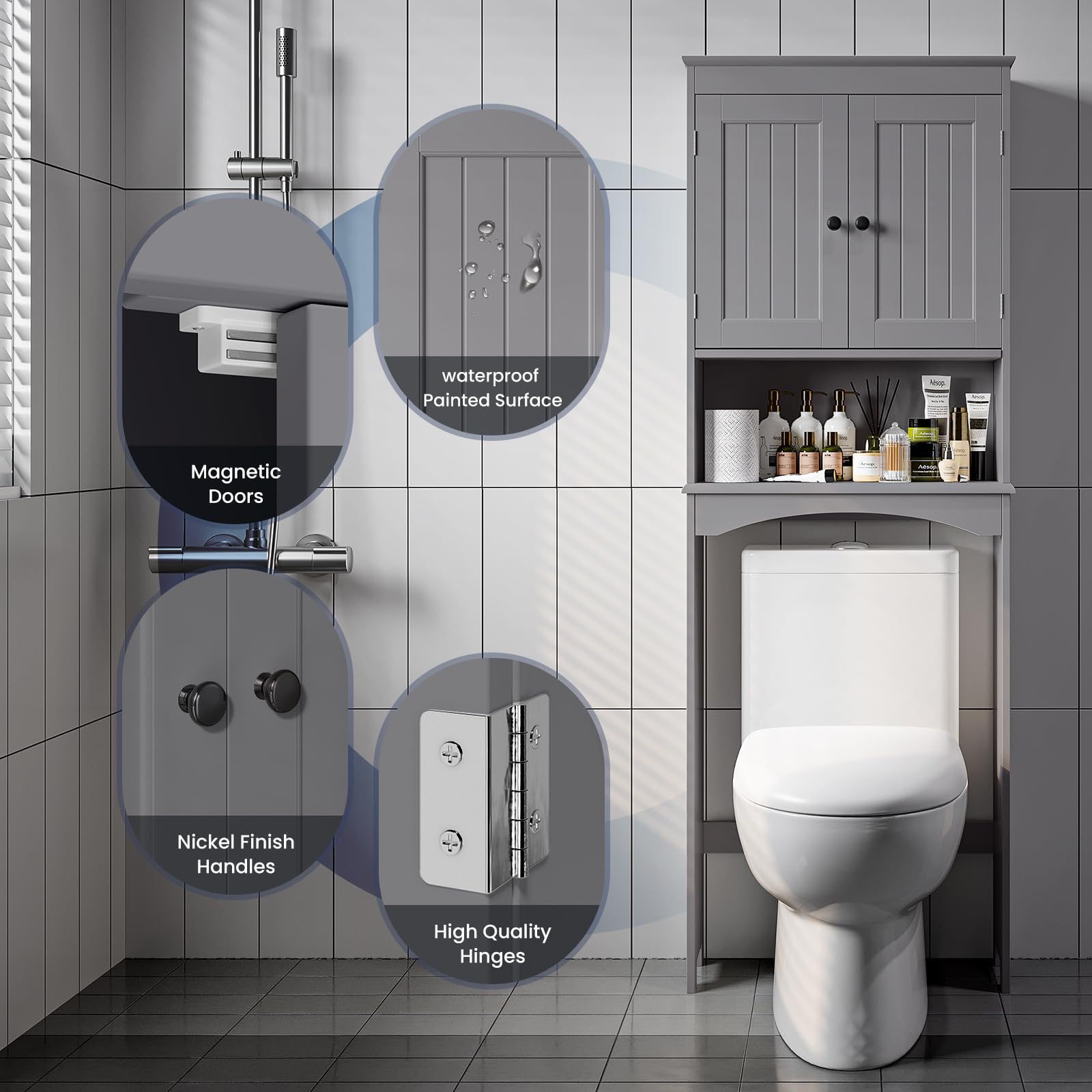 Bealife Toilettenregal, Regal über Toilette mit 3-stufigen verstellbaren Regalen, WC Überbauschrank Freistehend, Überbau Toilettenschrank mit Doppeltüren für Badezimmer (Grau)