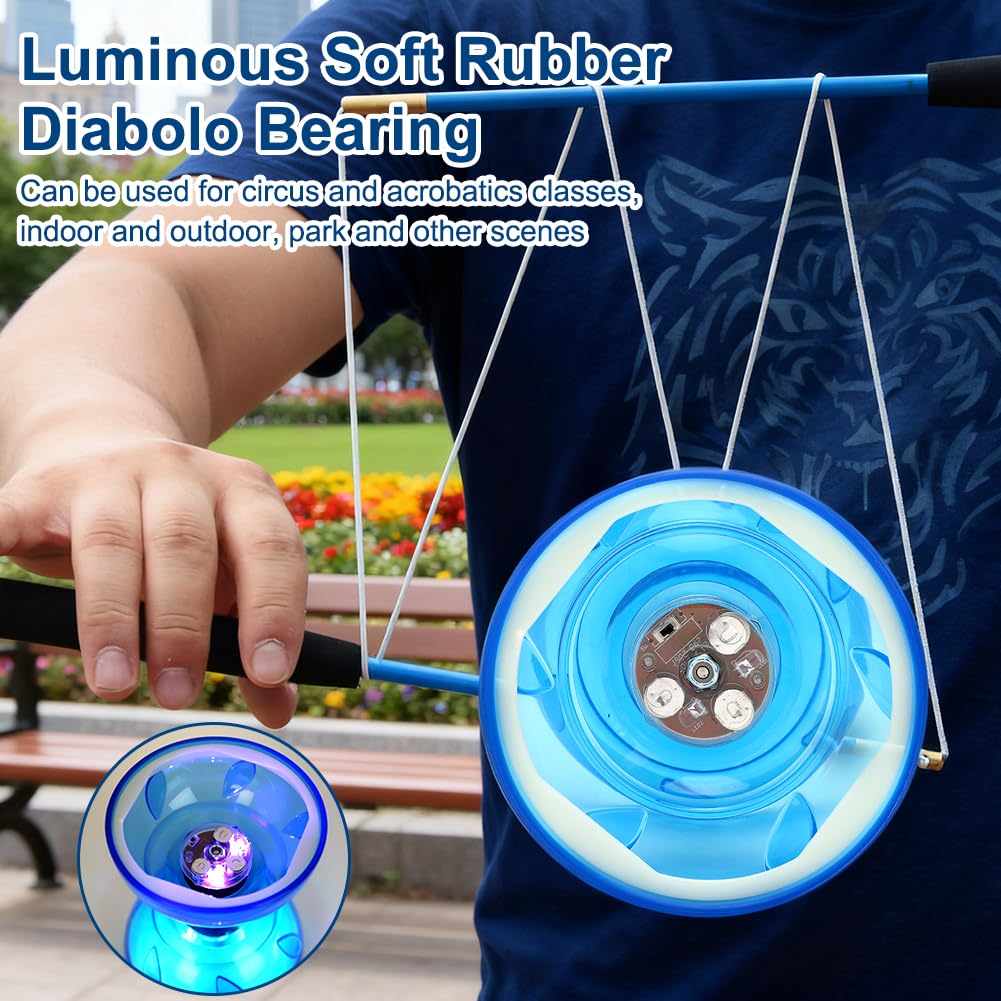 LED Diabolo Freiläufer mit Kugellager Diabolo Leuchtend im Dunkeln,4Farben Licht Diablo Jonglier Set,Dreifache Lagerung Set für Kinder Erwachsene,Anfänger Profis Freilauf Zirkus Jonglierspielzeug,Blau