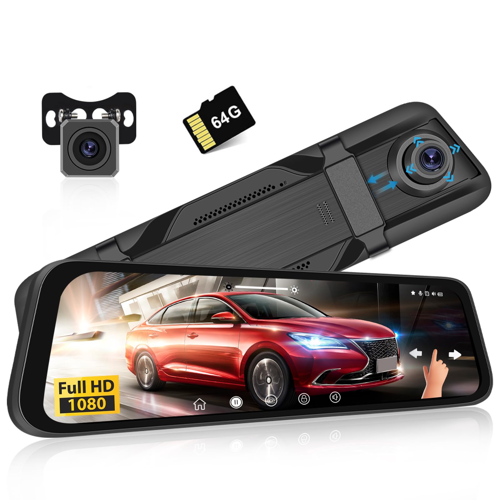 Dashcam Espejo Retrovisor 9,66" Doble Cámara 1080P para Coche | Pantalla Táctil IPS 9,66", Doble Cámara 1080P, Cable Trasero de 10 m y Tarjeta 64 GB Para Coches, SUV y Aparcamiento