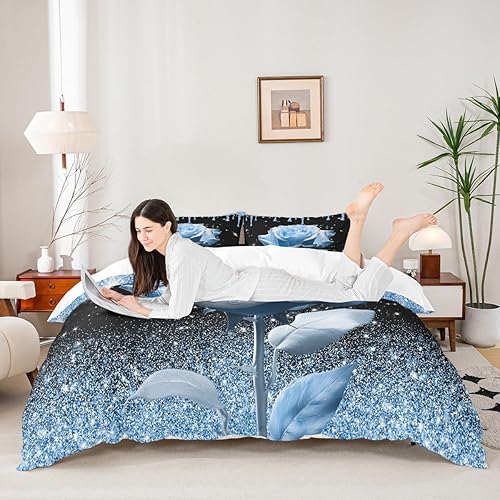 Miniatura 1 de Manfei Juego de funda de edredón de rosa azul 3D, tamaño matrimonial, funda de edredón brillante con purpurina azul con 2 fundas de almohada, juego