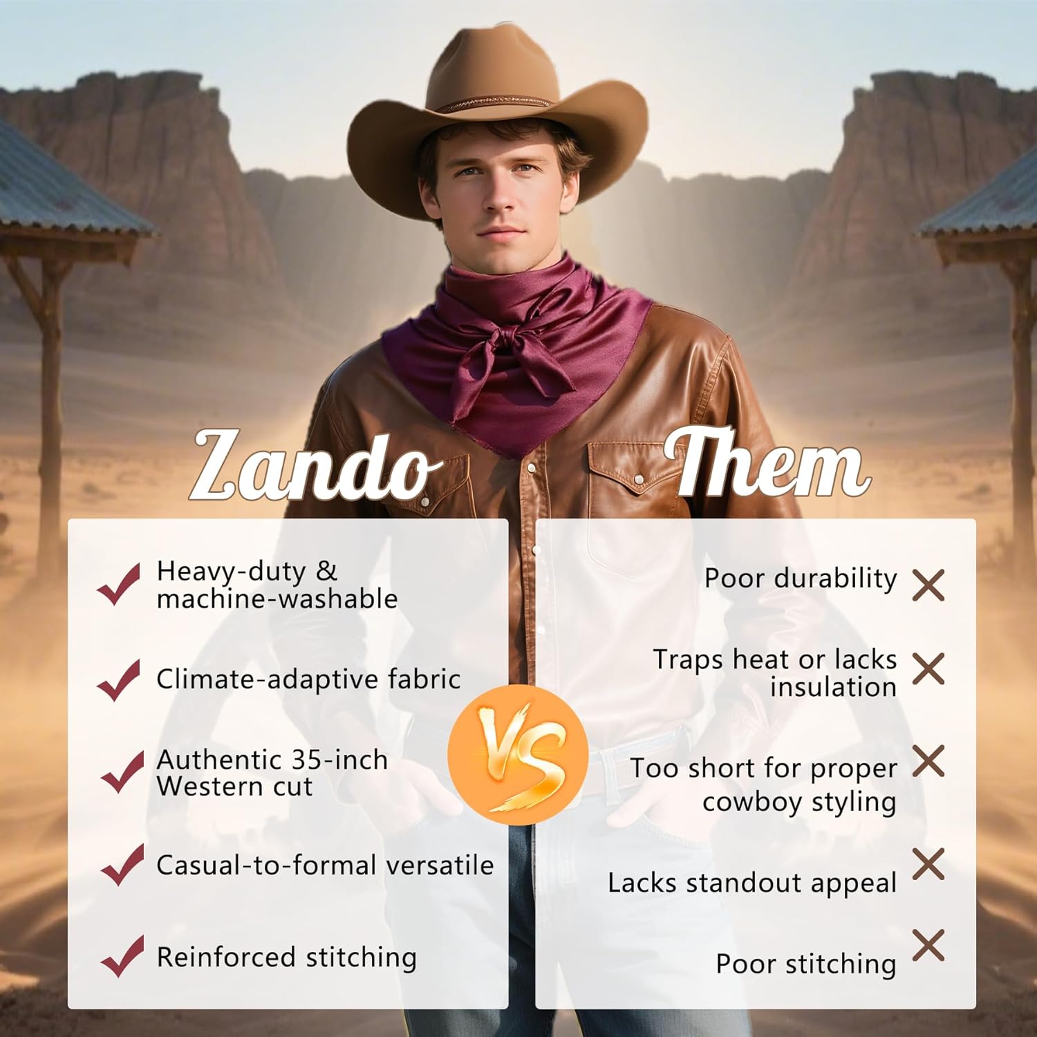 Zando Western Scarf for Men & Women | Cowboy Bandana in Solid Colors 35 Inch | Neck & Head Scarf for Western Style - Image 3