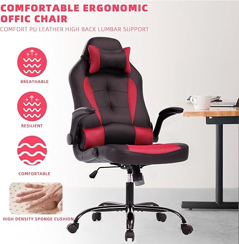 Miniatura 6 de Silla ergonómica para juegos con reposacabezas ajustable y soporte lumbar, cómoda silla de oficina de piel sintética con respaldo alto para adultos,