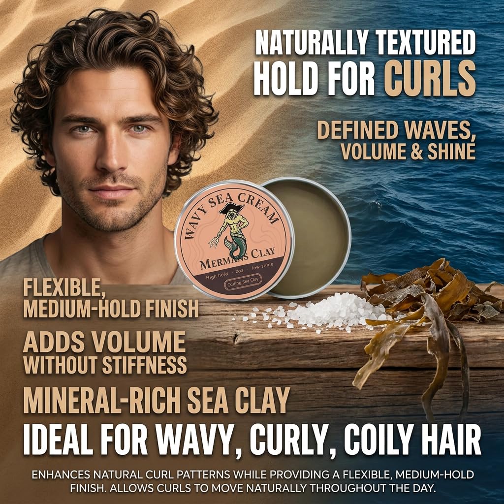 Mermans Curling Sea Clay, for Defined Waves & Texture, Natural Hold, Adds Volume & Shine to Curls, Adds Volume & Shine, Curl Defining Cream for Curly & Wavy Hair