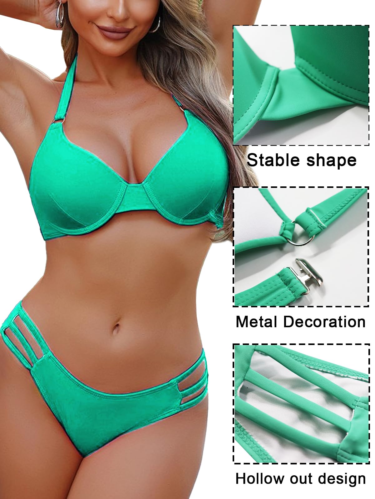 Rayson Costume da Bagno Donna Due Pezzi Push Up Reggiseno Bikini Regolabile Swimwear Spiaggia Estiva a Vita Bassa