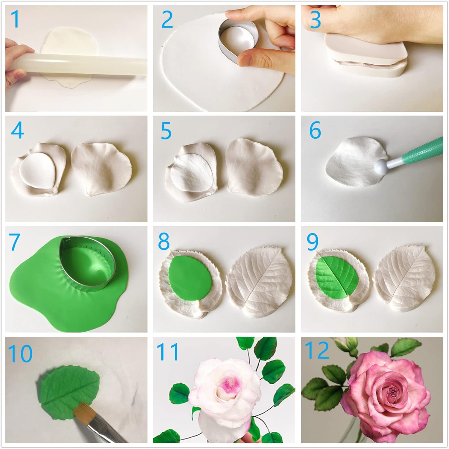 60pcs Gum paste Flower and Leaf Tool 6set Fondant Flower Silicone Molds 6set Gum Paste Cutter 20pcs Sugar Paste Modelling Tool 6pcs Brushes 1pcs Petal Leaves Veining Board Foam Pad