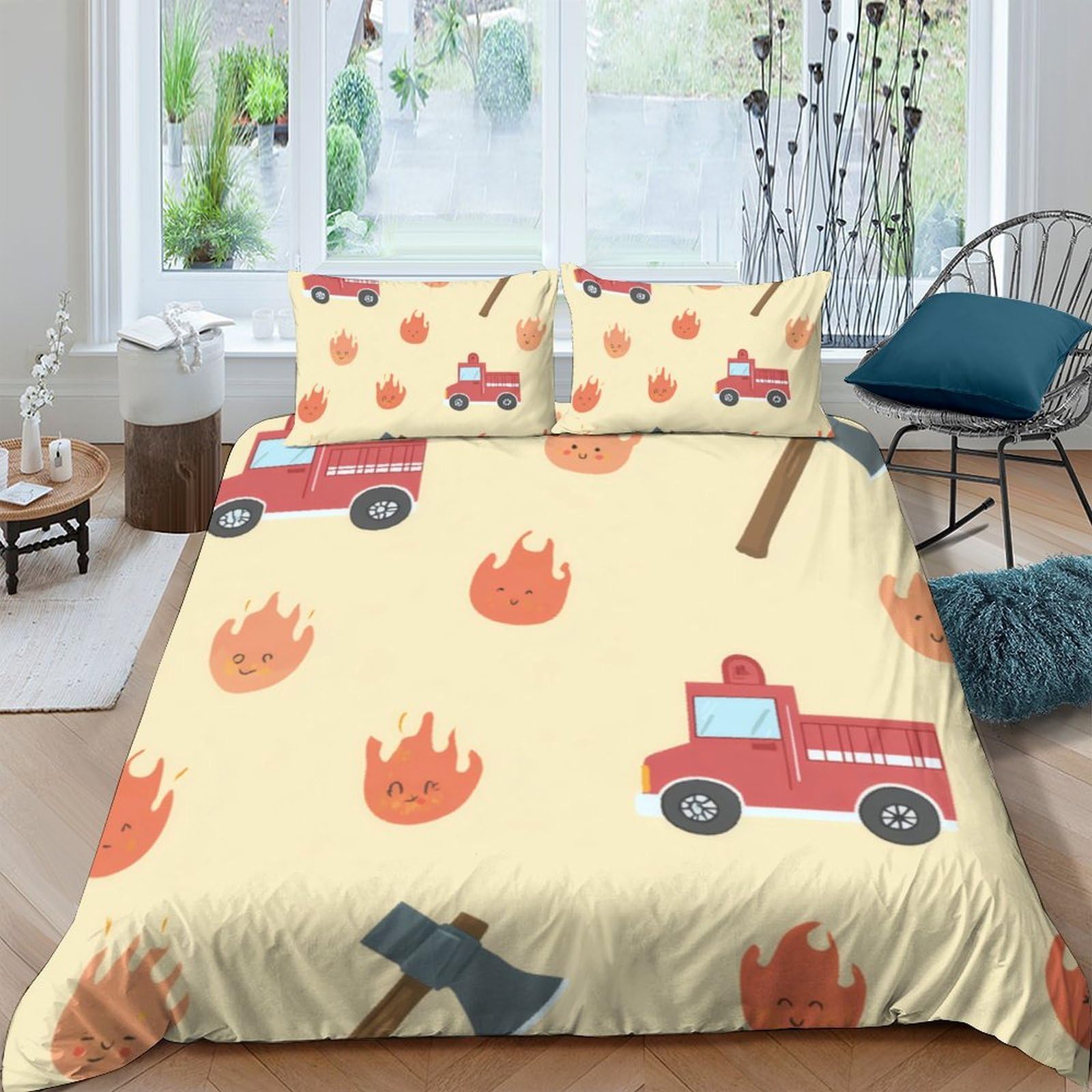 TUFRTGYHN 3D Printed Fire Truck Duvet Cover Microfiber Soft Breathable Flame Bedding Set with 2 Pillowcases for Bedroom Decor Single（135x200cm）