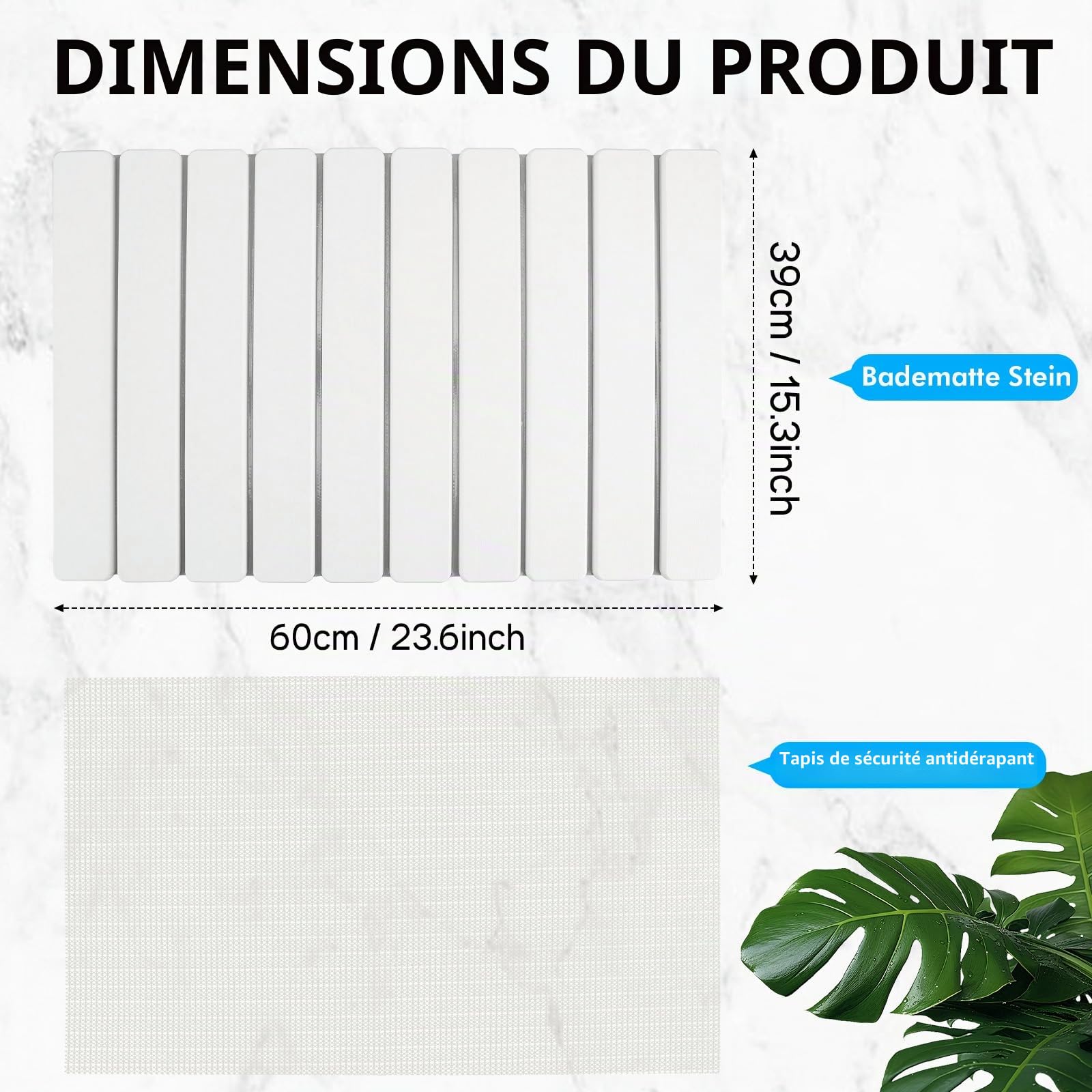 Tapis de Bain en Pierre 39 x 60 cm, Tapis de Salle de Bain, séchage Rapide, Peut être utilisé dans la Cuisine, Pliable pour Le Stockage, Tapis d'égouttement pour la Vaisselle (Blanc)