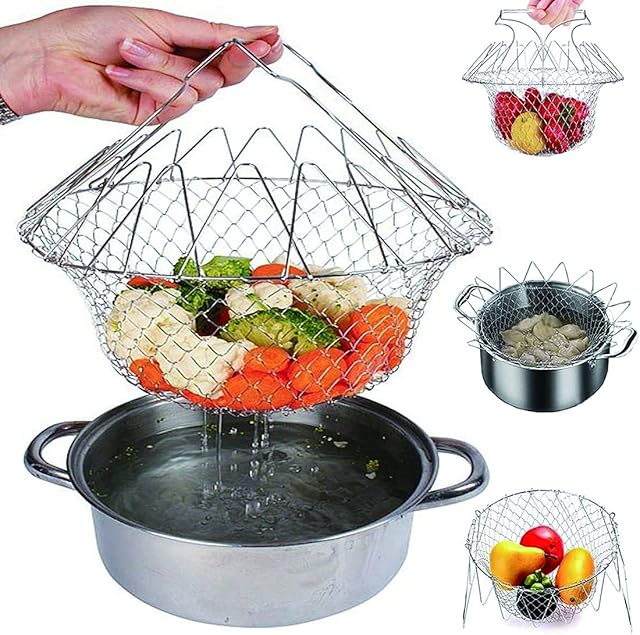 Tomicy 304 Stainless Steel Foldable Fry Basket,Multi-Function Fold Stainless Steel Strainer Skimmer Frying Colander Food Net Fry Cooking Fryer Basket for Fries, Vegetables, Salads