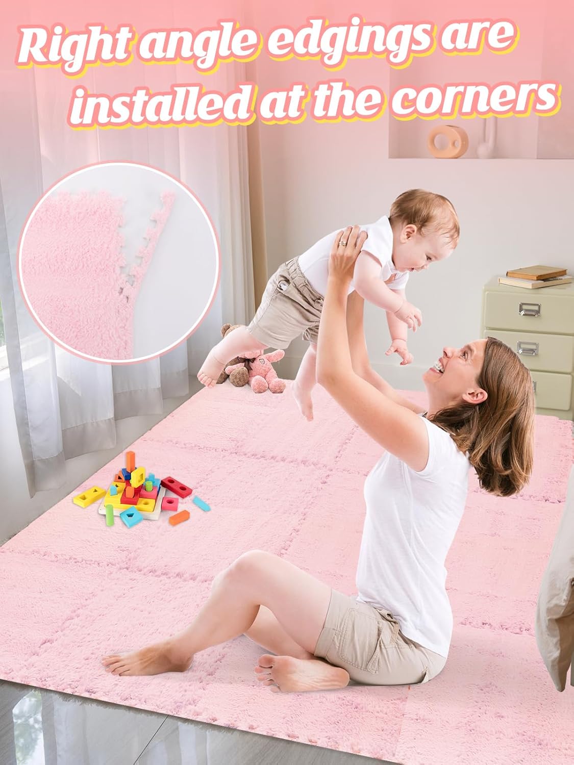 ANPHSIN 12 pcs Thickened Foam Interlocking Floor Mats, Fluffy Plush Mats for Baby with Edgings, Soft Anti-Slip Puzzle Area Rug Playmat, Square Tiles Room Flat (11.8 in, Pink)
