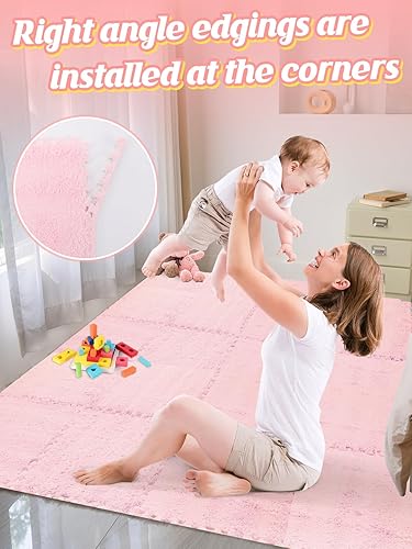 Miniatura 4 de ANPHSIN 12 tapetes de espuma gruesa que se entrelazan, tapetes de felpa esponjosa para bebé con bordes, alfombra de área suave antideslizante para