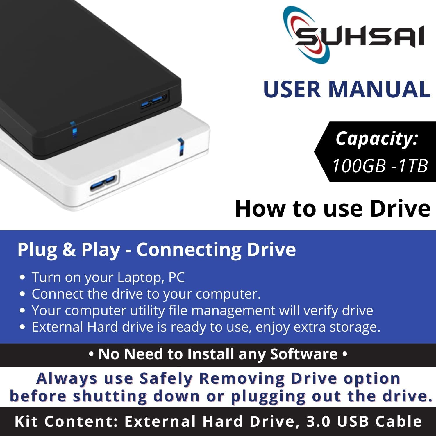 SUHSAI External Hard Drive HDD 2.5" USB 3.0 Ultra Fast Slim Drive, Portable Hard Drive for Storage, Back up for PC, MAC, Desktop, Laptop, MacBook, Chromebook, Xbox, PS3, PS4, Smart Tv (120GB, Black)