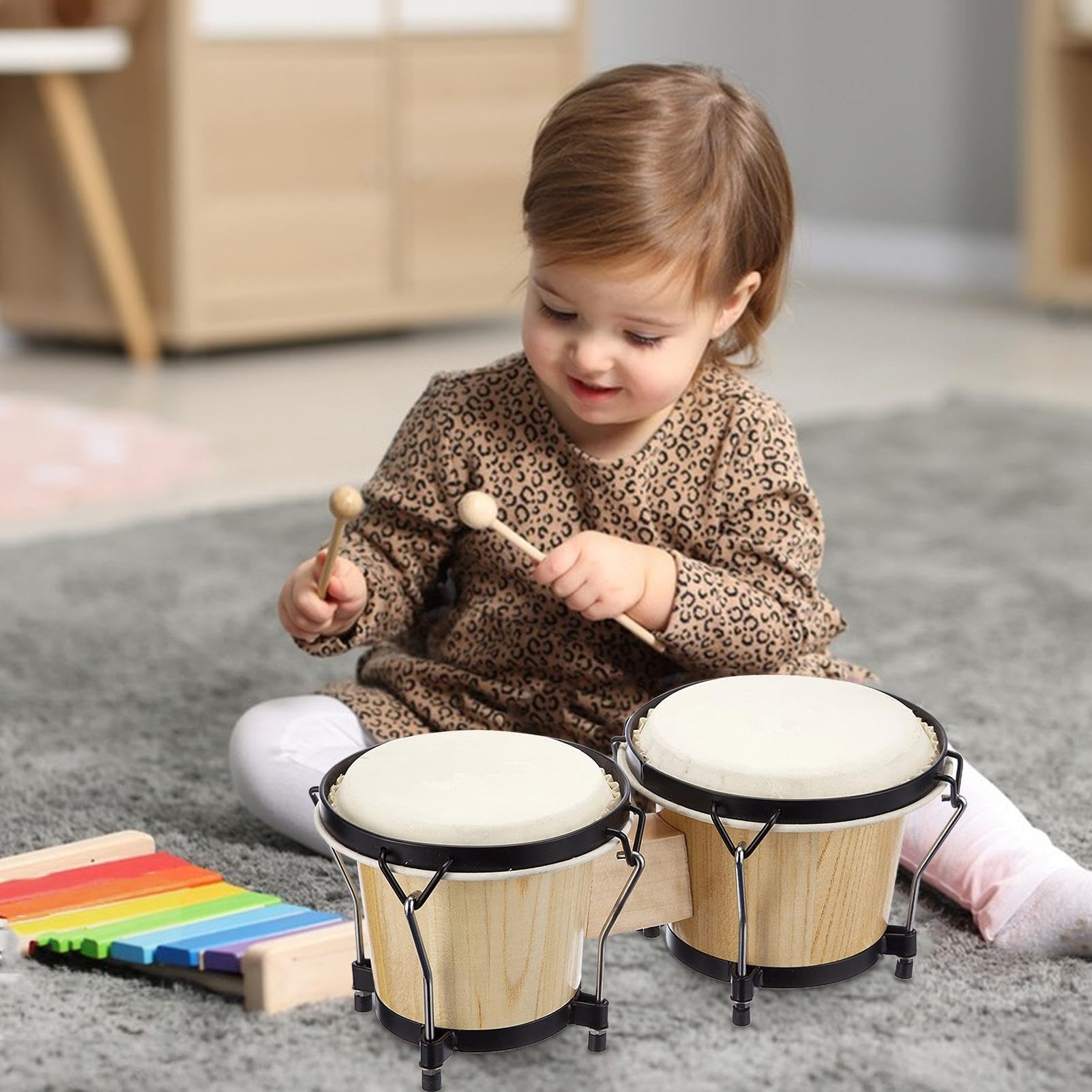 Tambores de Bongó de Madera Tambor Educativo de Percusión de Madera | Instrumento musical de percusión para principiantes Pequeño ligero portátil rítmico educativo juego bongó percusión familiar