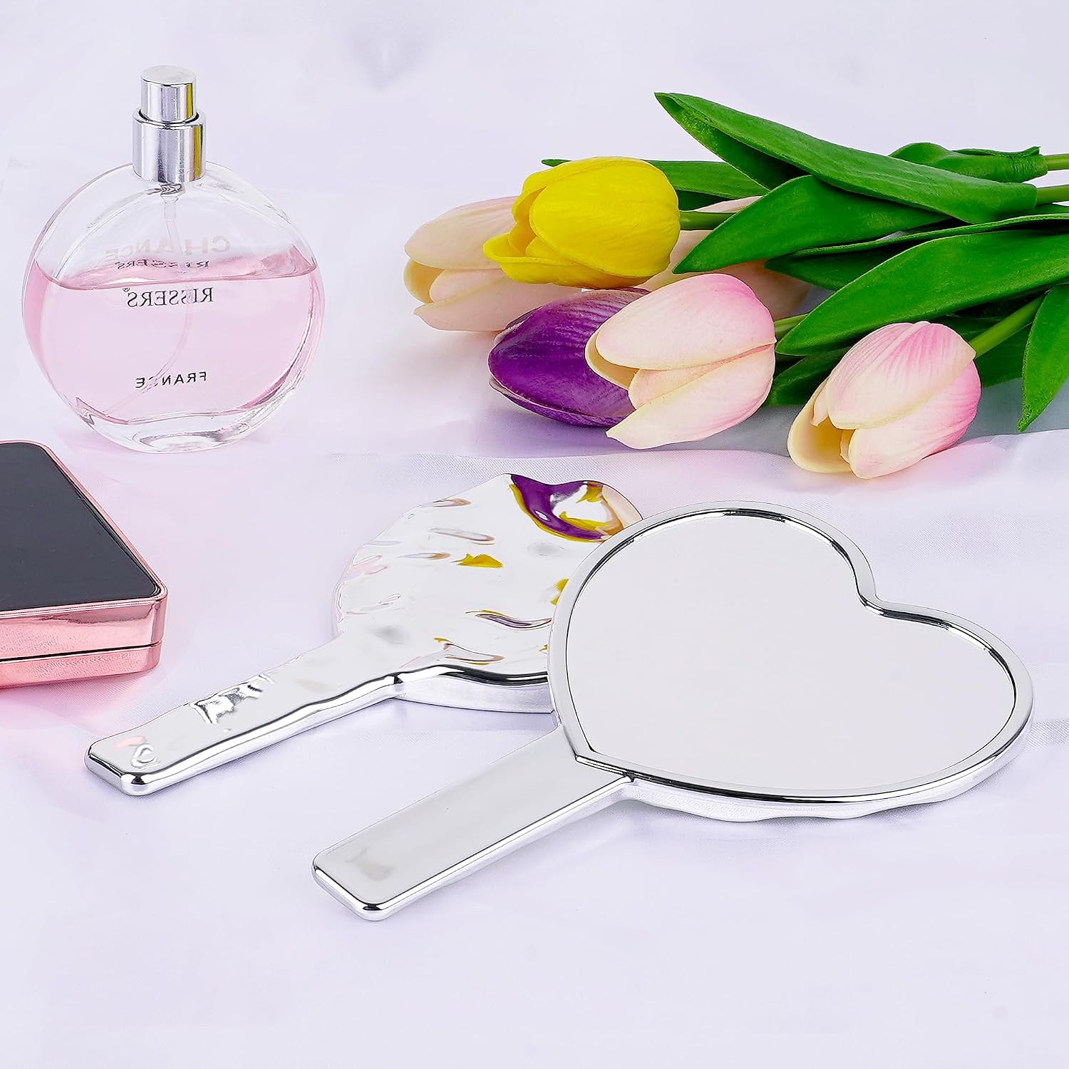 Heart Shape Hand Mirror for Checking The Back of Hair, Plated Glossy Finish, Compact Handheld Vanity Mirror for Makeup, Silver