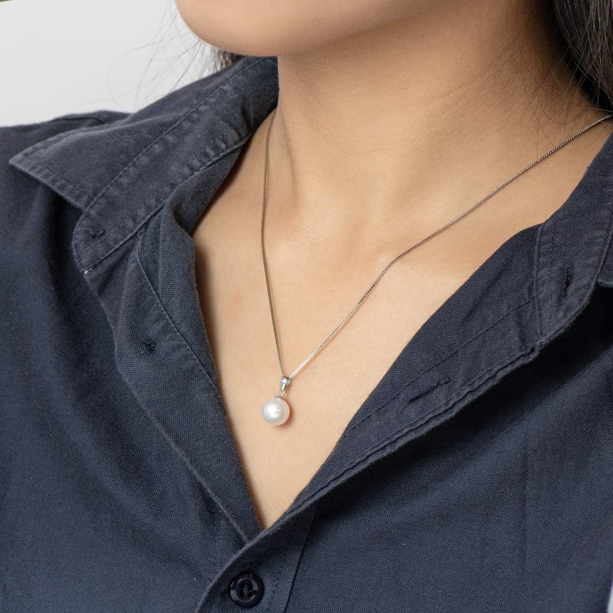 18K Gold Freshwater Cultured White Pearl Necklace, 8-10mm Single Pearl Pendant with 18" Sterling Silver Chain, Mothers Day Anniversary Birthday Wedding Jewelry Gifts for Women
