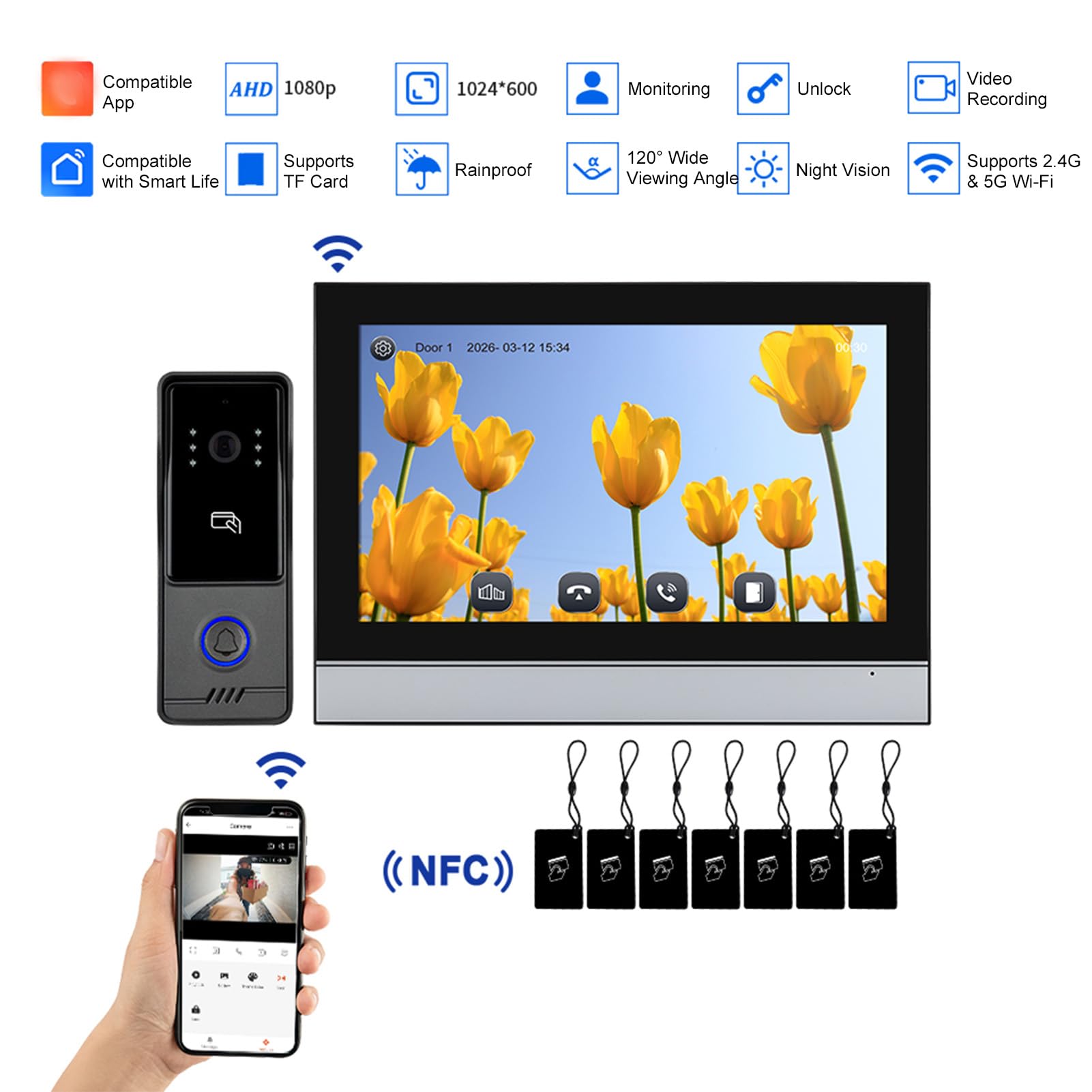 Videocitofono Cablato 10 Pollici, Telecamera Campanello 2K con Rilevamento del Movimento per Visione Notturna Audio Bidirezionale Sblocco Remoto per Appartamento (Spina UE 100-240 V)