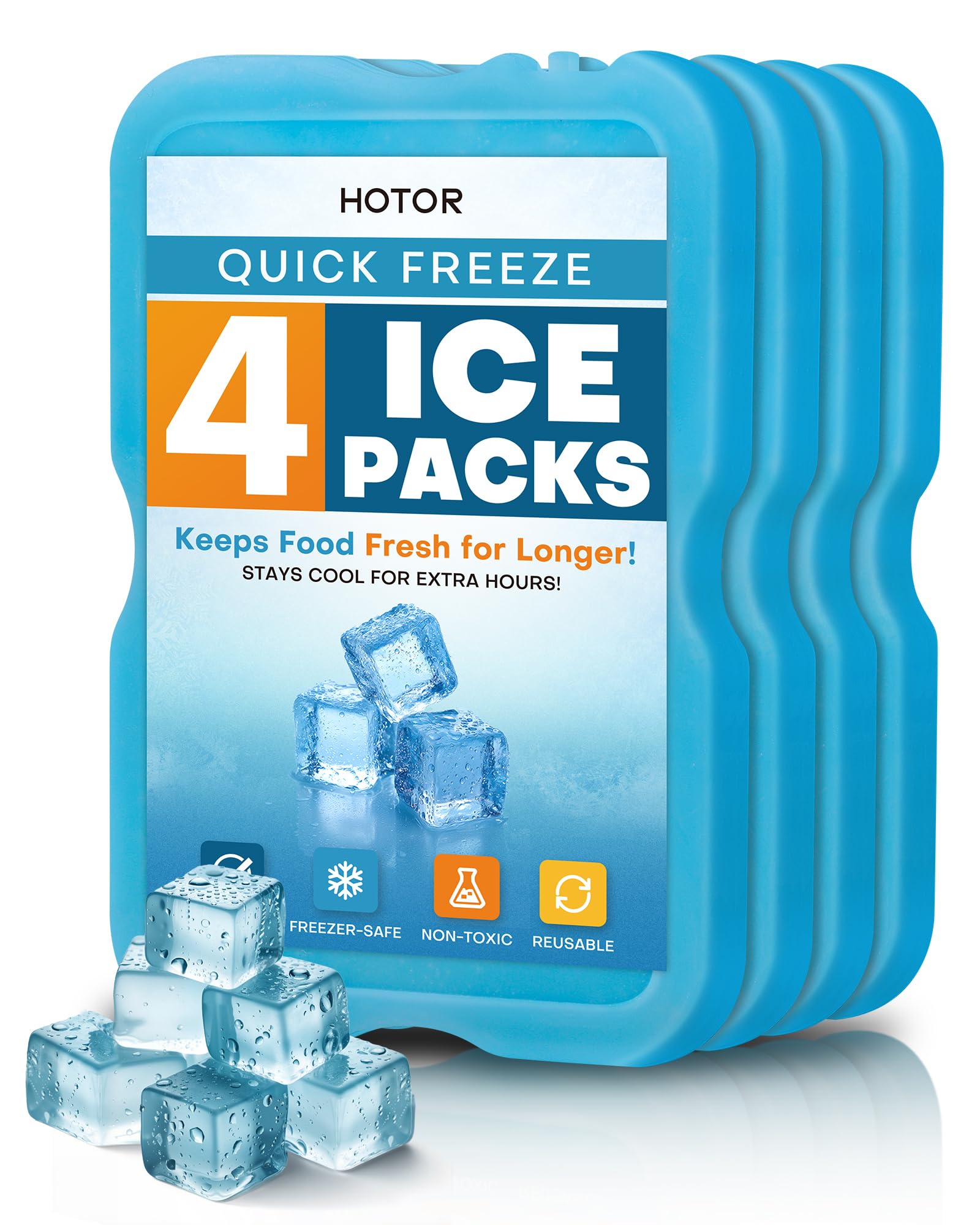 HOTOR Reusable Ice Packs for Cooler & Lunch Boxes – Slim, BPA-Free, Leakproof Gel Packs for Lunch Bag, Cooler Backpack & Travel Food Storage (4 Packs), 4.8" x 0.5" x 7.0"