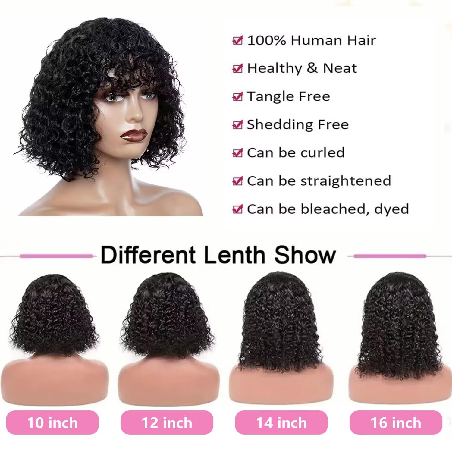 Human Hair Wig With Bangs 14 Inch Short Curly Wigs For Black Women Glueless Brazilian Real Curly Hair Wig Full Machine Made None Lace Front Kinky Curly Bob Wigs Human Hair - Image 4