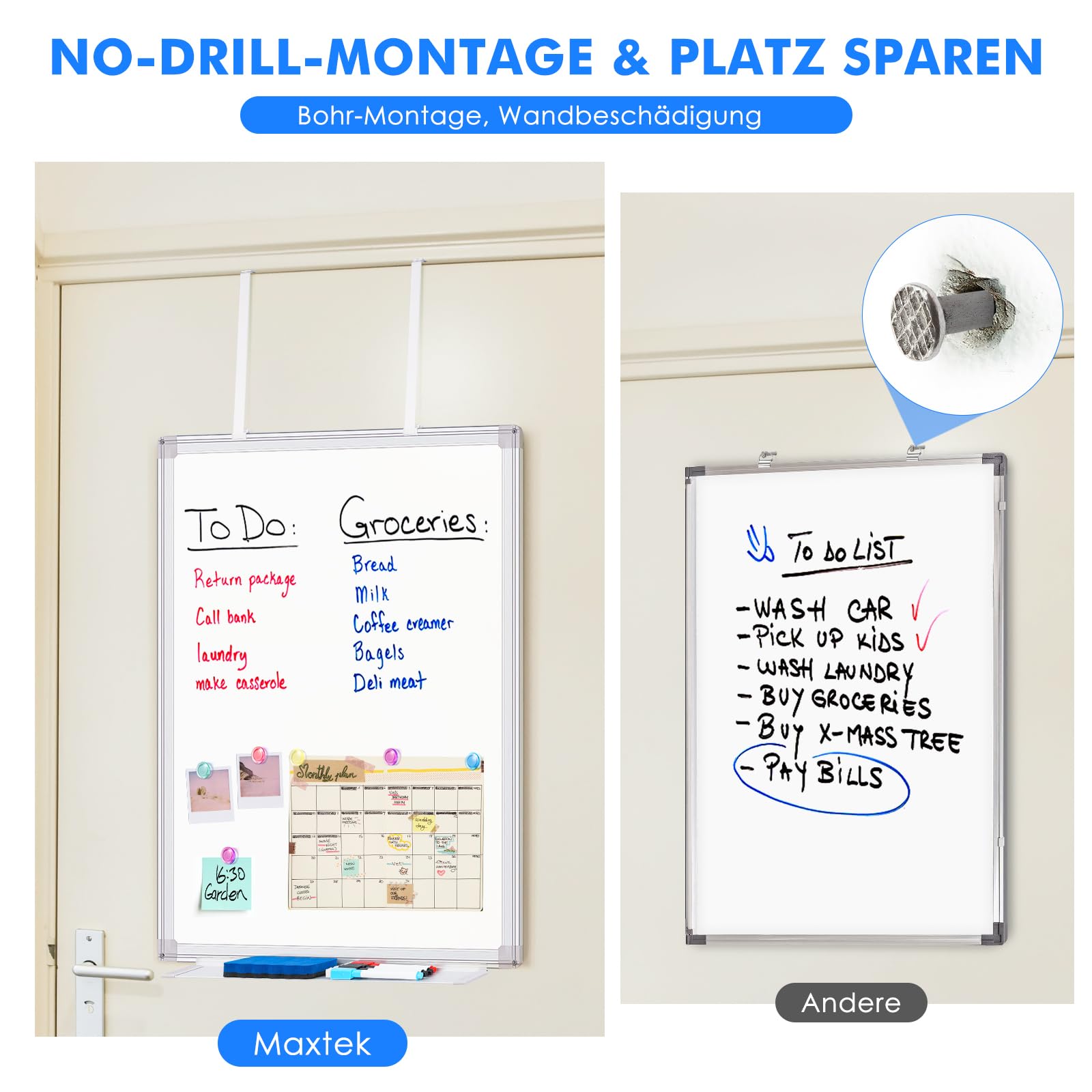 maxtek Whiteboard für Tür Einhängen 90 × 60 cm, Magnetisch Whiteboard tür Hängen, Aluminiumrahmen Trocken Abwischbar Magnetwand mit 4 Stifte, 6 Magnete and 1 Radiergummi für Haus, Schrankraum, Büro