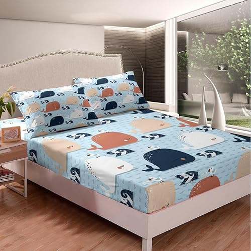 Miniatura 2 de Erosebridal Juego de sábanas bajeras de ballena para niños, tamaño individual, juego de sábanas de gaviota de ballena Kawaii para niños y niñas,