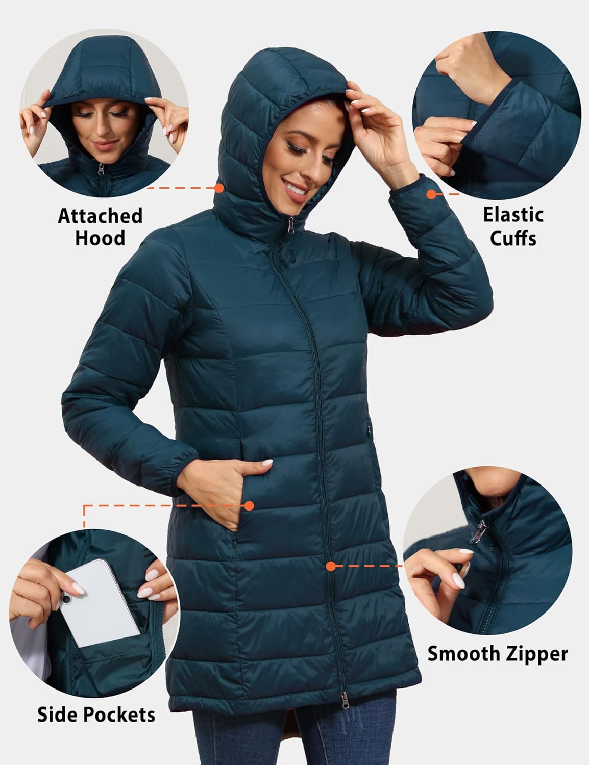 ROYAL MATRIX Women's Plus Size Puffer Jacket Packable Lightweight Hooded Quilted Spring Fall Long Puffer Coat