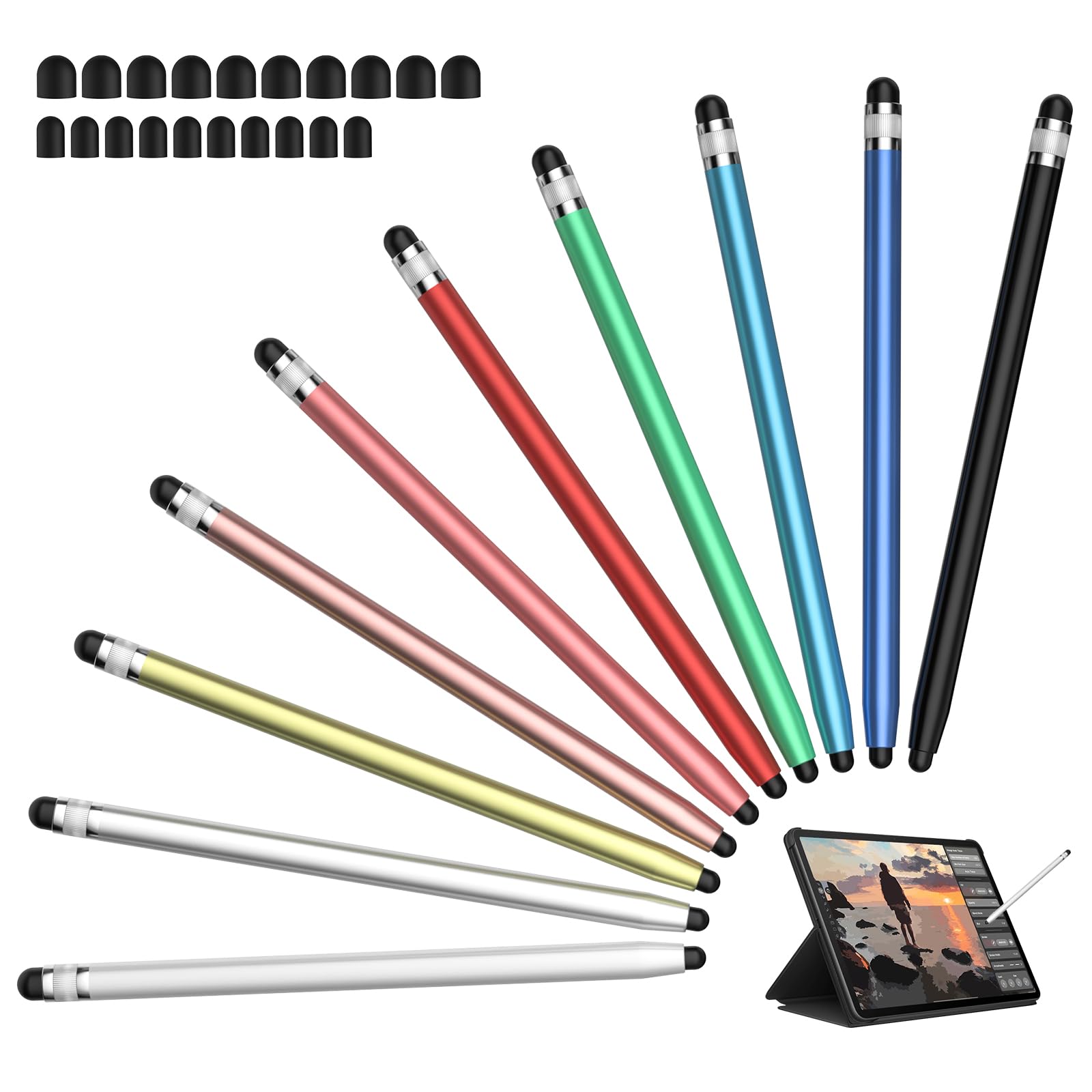 10 x Universal-Stylus, Eingabestift für Touchscreen, 2-in-1 hohe Präzision und Empfindlichkeit, Stylus-Stifte für iPhone/Android/iPad/Samsung/Smartphone und Tablets, mit 20 austauschbaren Gummispitzen