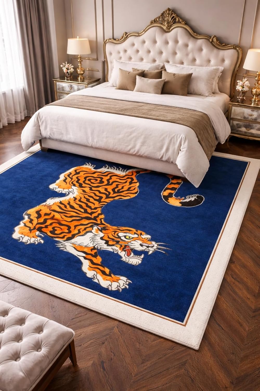 Tiger Area Rug, Navy Blue with Cream Border, Orange and Black Design, Modern Asian Inspired Decor (Blue, 12 * 16 feet)