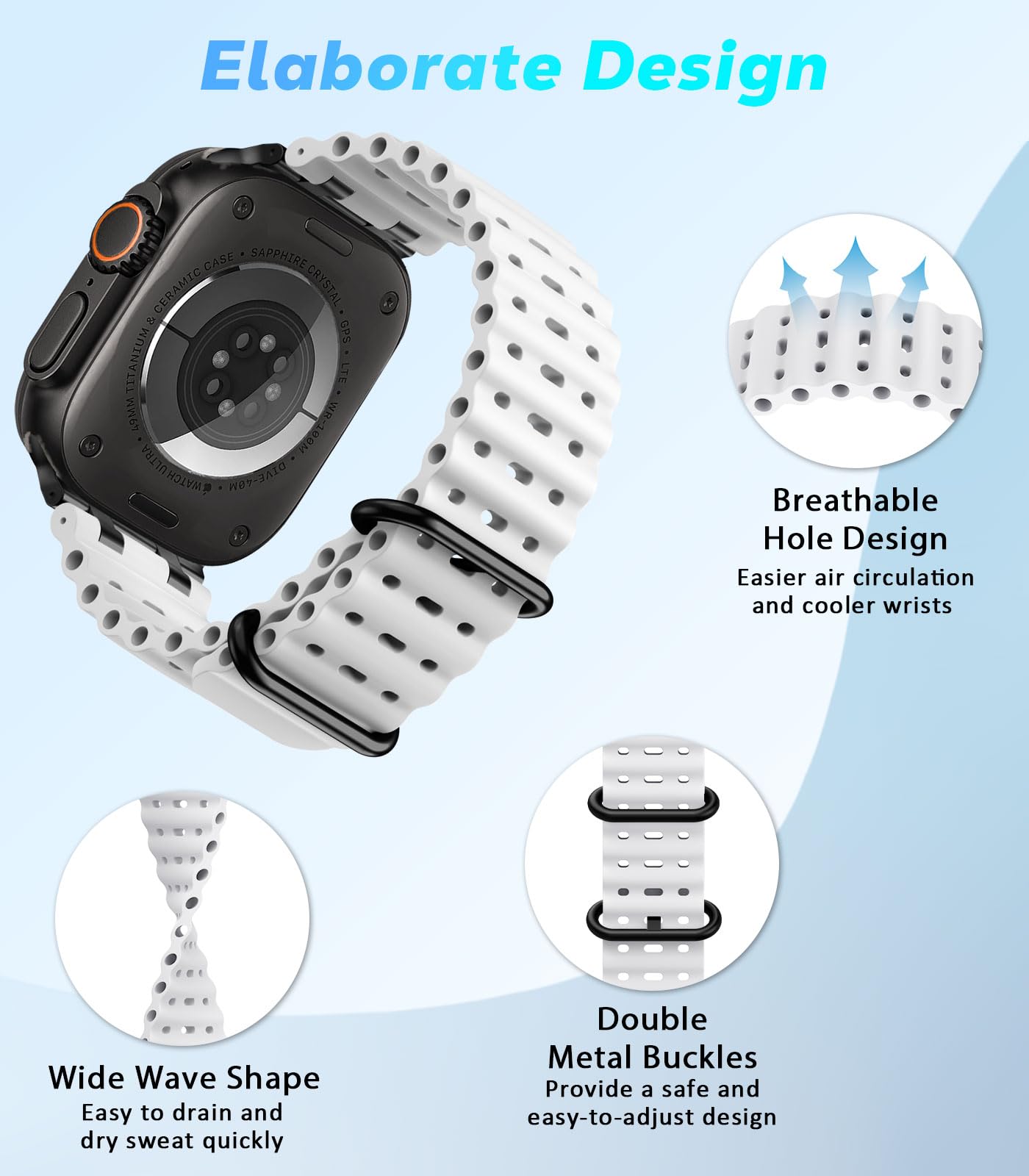 Astorgos Cinturino Ocean compatibile con Apple Watch Ultra 2/Ultra 49mm, S10 46mm, 9/8/7 45mm, SE/6/5/4 44mm, 3/2/1 42mm, Cinturini Sportivo con Connettore in Metallo per Uomo e Donna