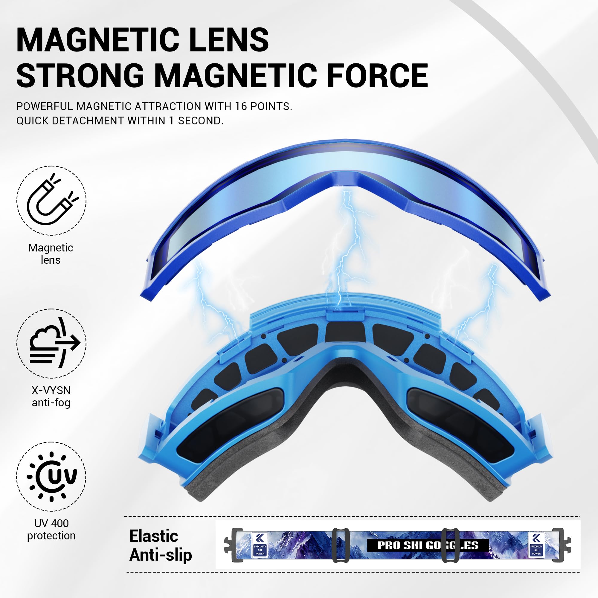 KAPVOE Selbsttonend Skibrille mit Magnetgläsern, Anti-Nebel, UV400-Schutz, für Herren, Damen und Jugendliche, kompatibel mit Helm, ideal für Ski, Snowboard und Eisskaten 06
