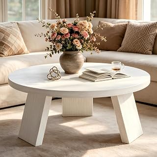 Garvee 33.5" Round Coffee Table, Modern Center Table with Inclined Legs, Accent Small Cocktail Tables for Living Room, Bedroom, Easy Assembly, White Wood Grain Color