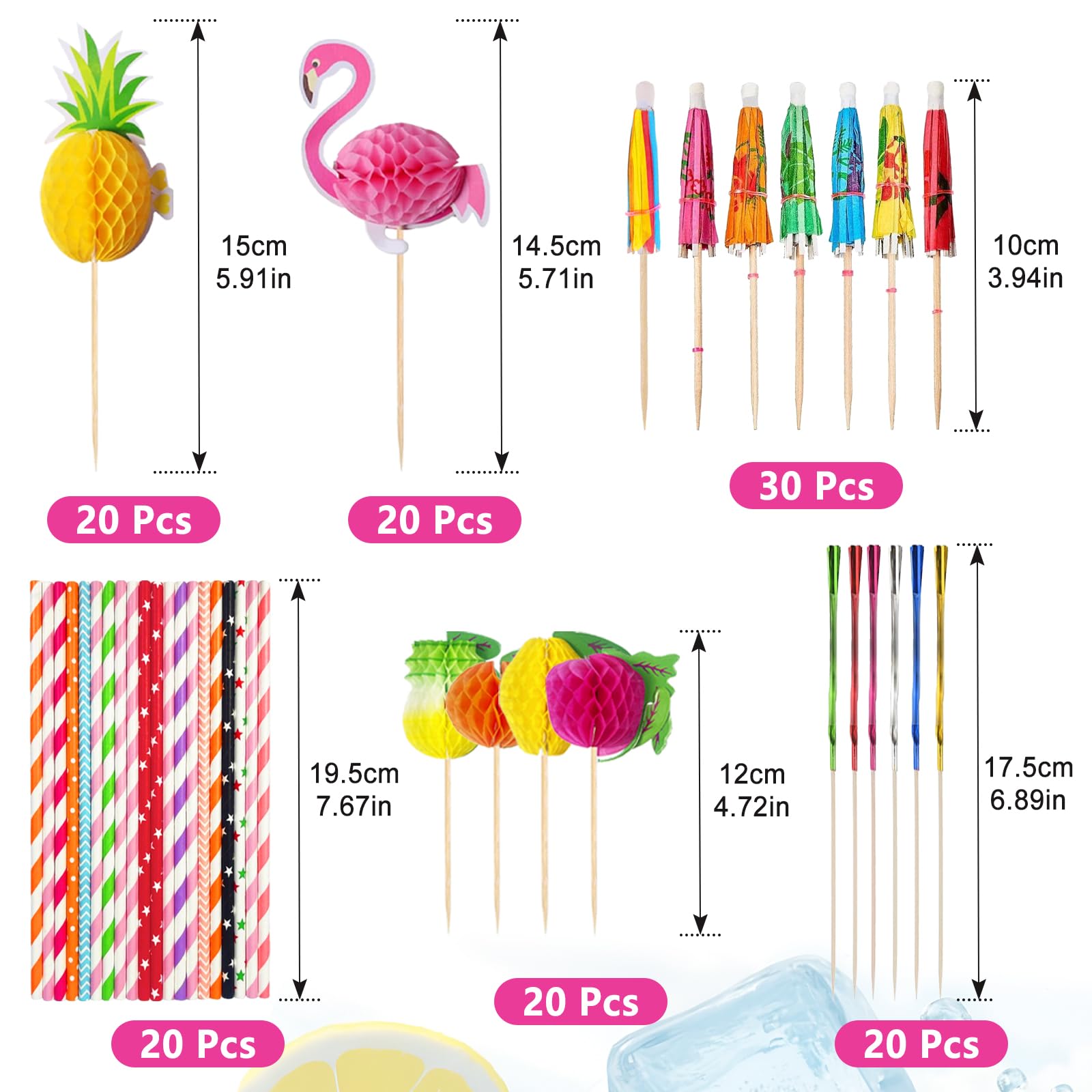 130 Piezas Decoración de Cócteles, Paraguas de Cóctel, Pajitas Decorativas, Palitos de Flamenco, Piña y Fuegos Artificiales, para Fiestas de Verano, Playa, Bodas, Bares