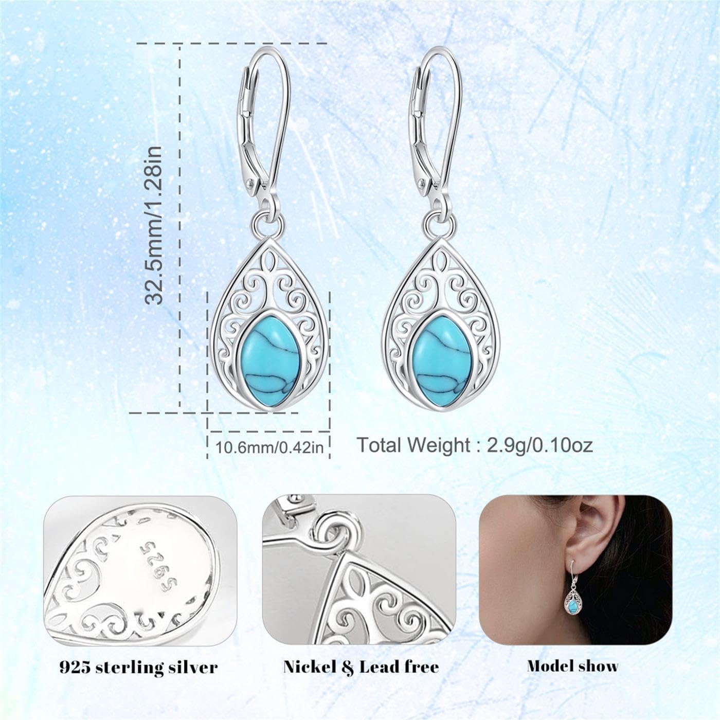 Vito 925 Sterling Silver Teardrop Earrings for Women, Moonstone Turquoise Drop Dangle Earrings Cat Snake Turtle Tree of Life Leverback Earrings Boho Jewelry Gift for Mom Wife - Image 6