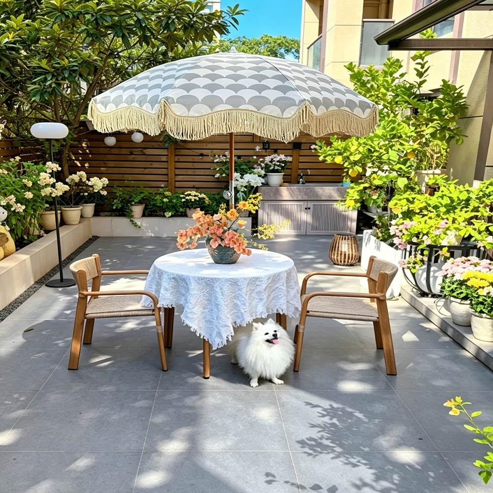 Parasol Plażowy w Boho 200 cm z Frędzlami, Przenośny Parasol Ogrodowy z Regulowanym Drewnianym Trzonkiem na Basen, Podwórko, Taras