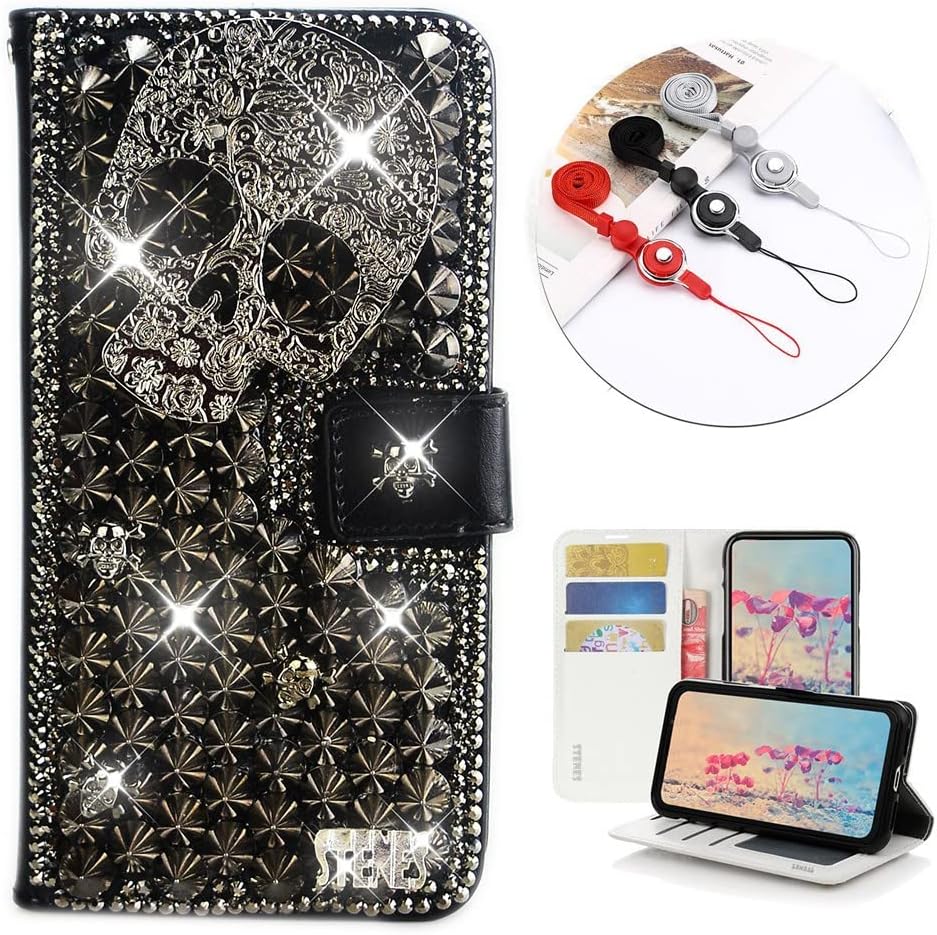 STENES Bling Wallet Phone Case Compatible with iPhone 14 Pro Max Case - Stylish - 3D Handmade Punk Skull Glitter Magnetic Wallet Leather Cover with Neck Strap Lanyard [3 Pack] - Black