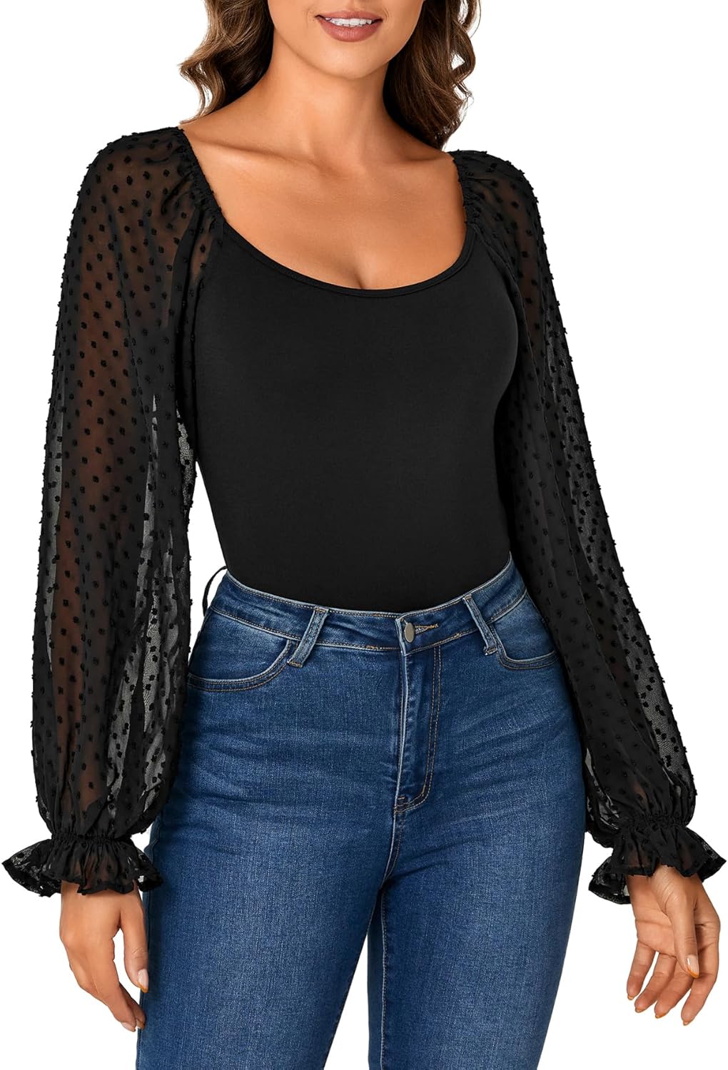 Rooscier Women's Mesh Long Sleeve Shirts Dressy Casual Swiss Dots Blouses Tops - Image 4